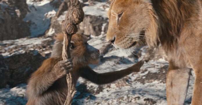 Close-up of a lion cub roaring, with another lion in the background. The cub could be a young Simba or Mufasa from the movie Mufasa: The Lion King.